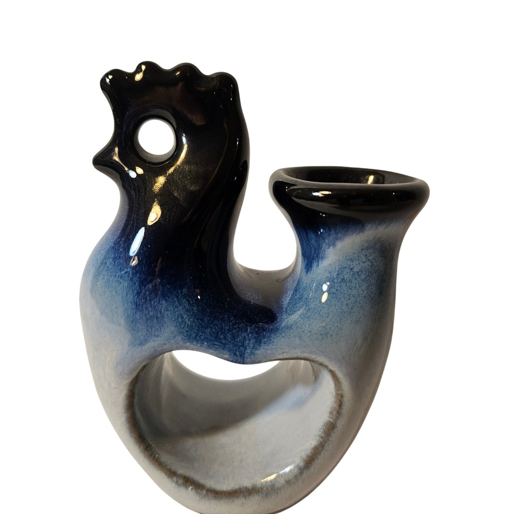 Vintage Studio Pottery Blue Drip Glaze Rooster Candle Holder Hand Signed 4.5 in